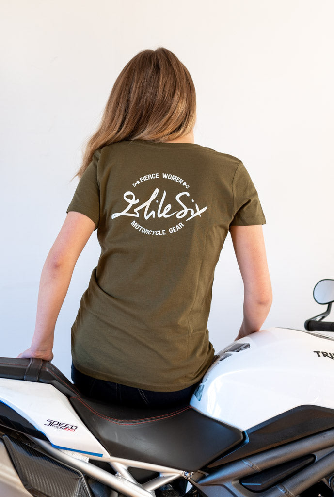 t-shirt coton biologique mot kaki pour femme motarde