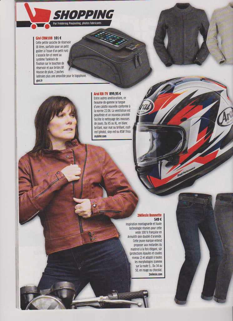 Moto journal parle de la veste bonette et des jeans 2milesix pour les motardes et les motards de tous styles