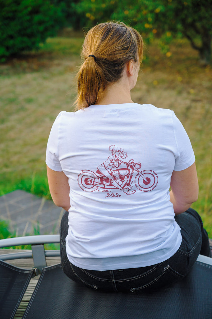 dessin exclusif sur un t-shirt moto en coton biologique